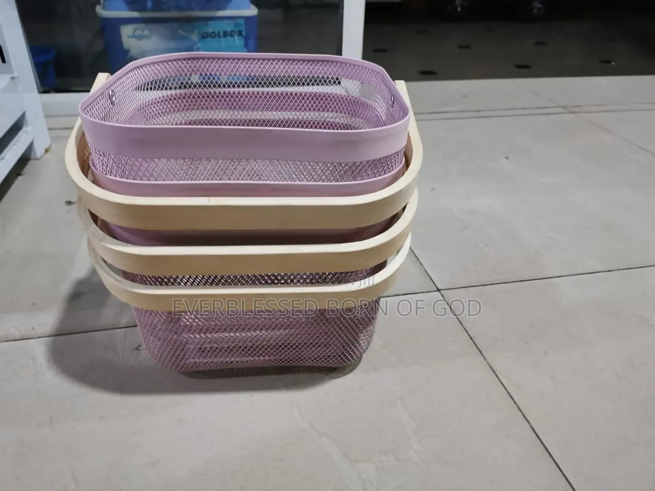 Aesthetic Pink Mesh Storage Basket With Wooden Handle_ Brand New!