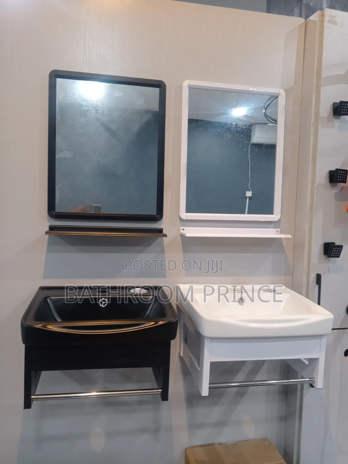 43cm Black and White Wall Hung Basin With Mirror and Shelf