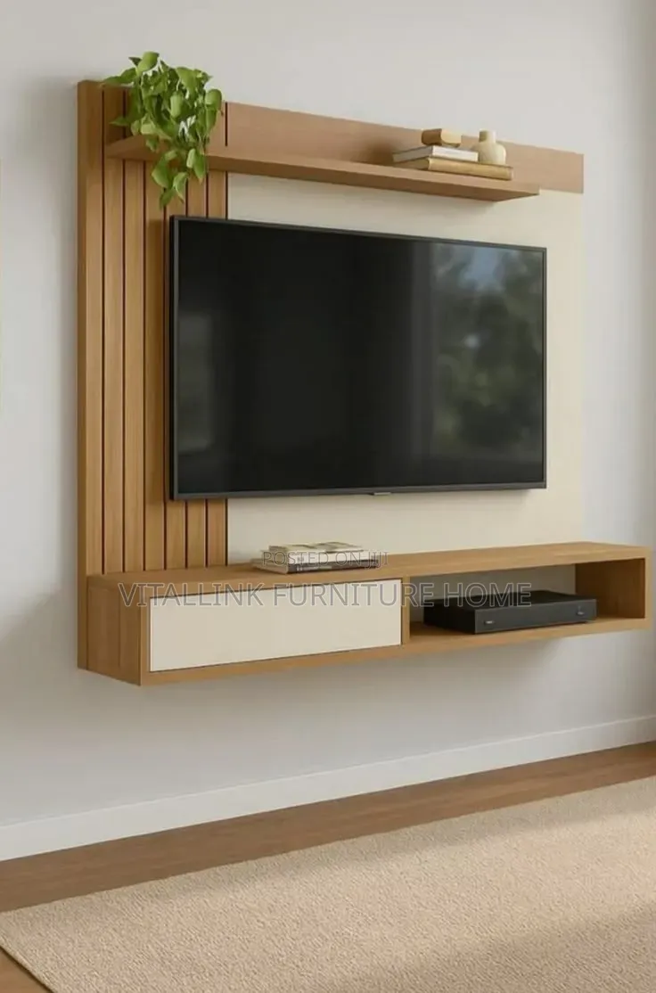 Modern Light Wood Floating TV Console With White Drawer Slats
