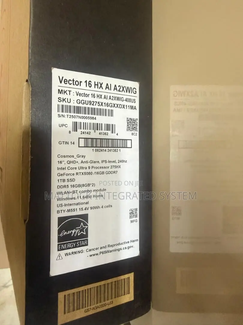 New Laptop MSI Vector 16 HX AI A2XWIG 16GB Intel Core Ultra 9 SSD 1T
