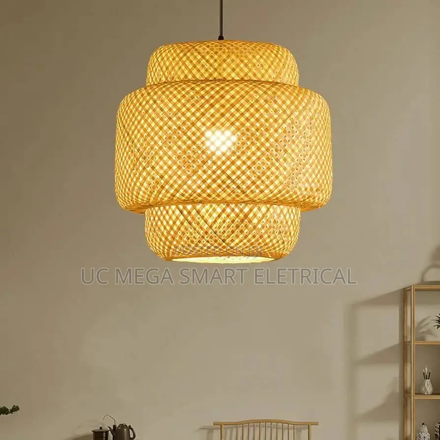 Japanese Style Pendant Light, Handmade Rattan Chandelier, Natural Wood