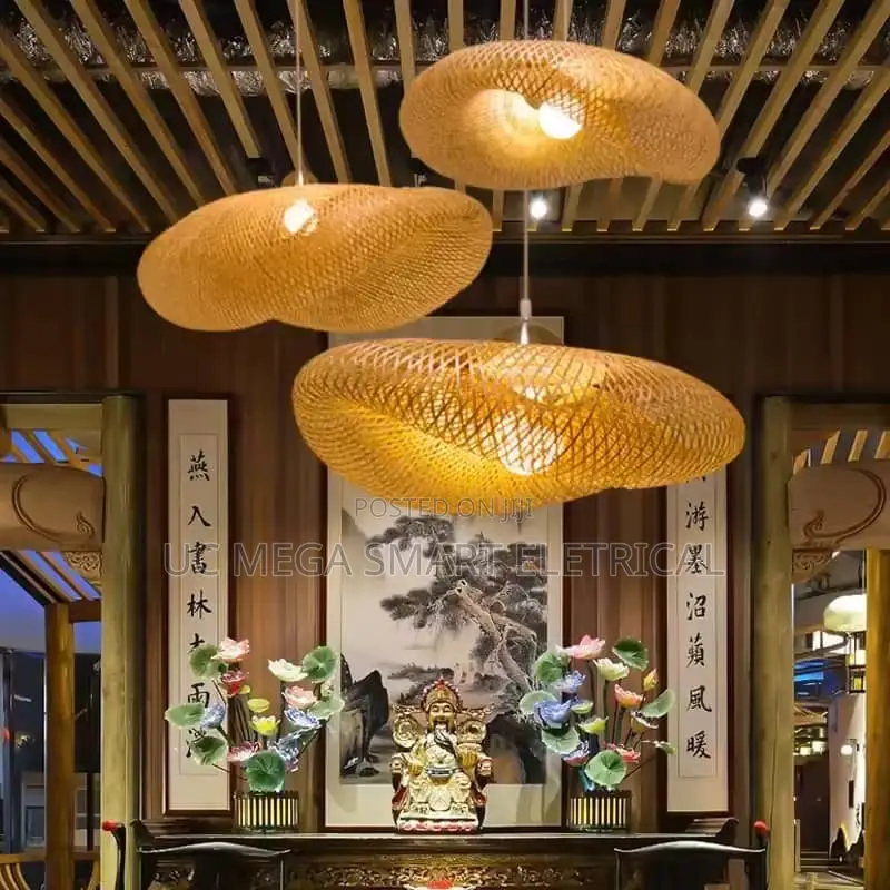 Japanese Style Pendant Light, Handmade Rattan Chandelier, Natural Wood