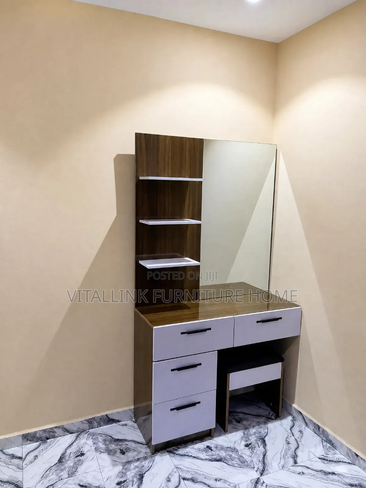 Modern Wood White Vanity Set With Mirror, Shelves Stool