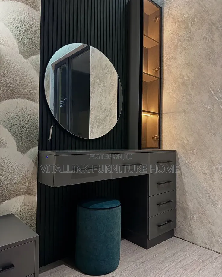 Luxury Matte Black Fluted Vanity With Round LED Mirror Cabinet