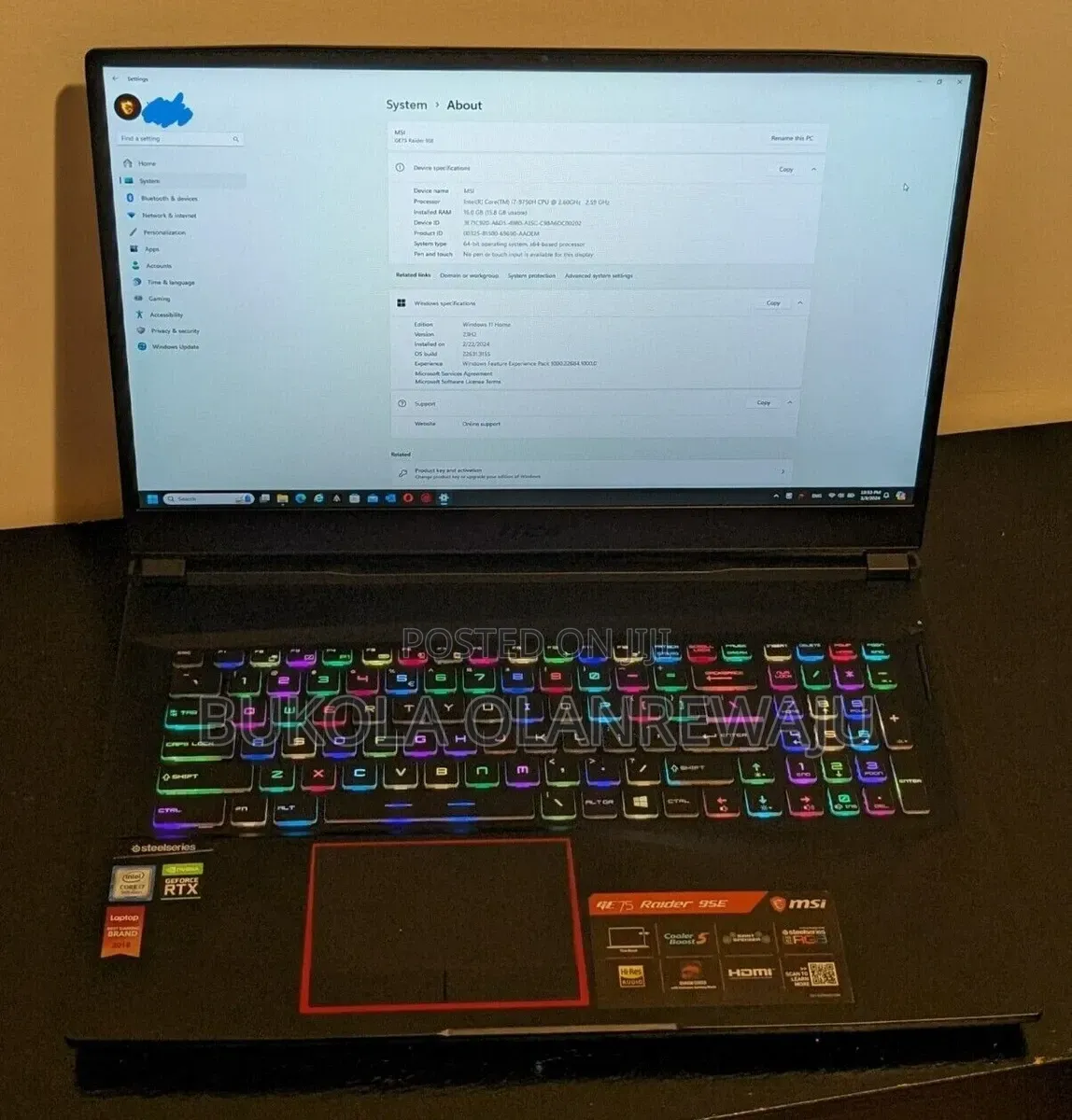 Laptop MSI GE75 Raider 10SE 32GB Intel Core i7 HDD+SSD 1.5T