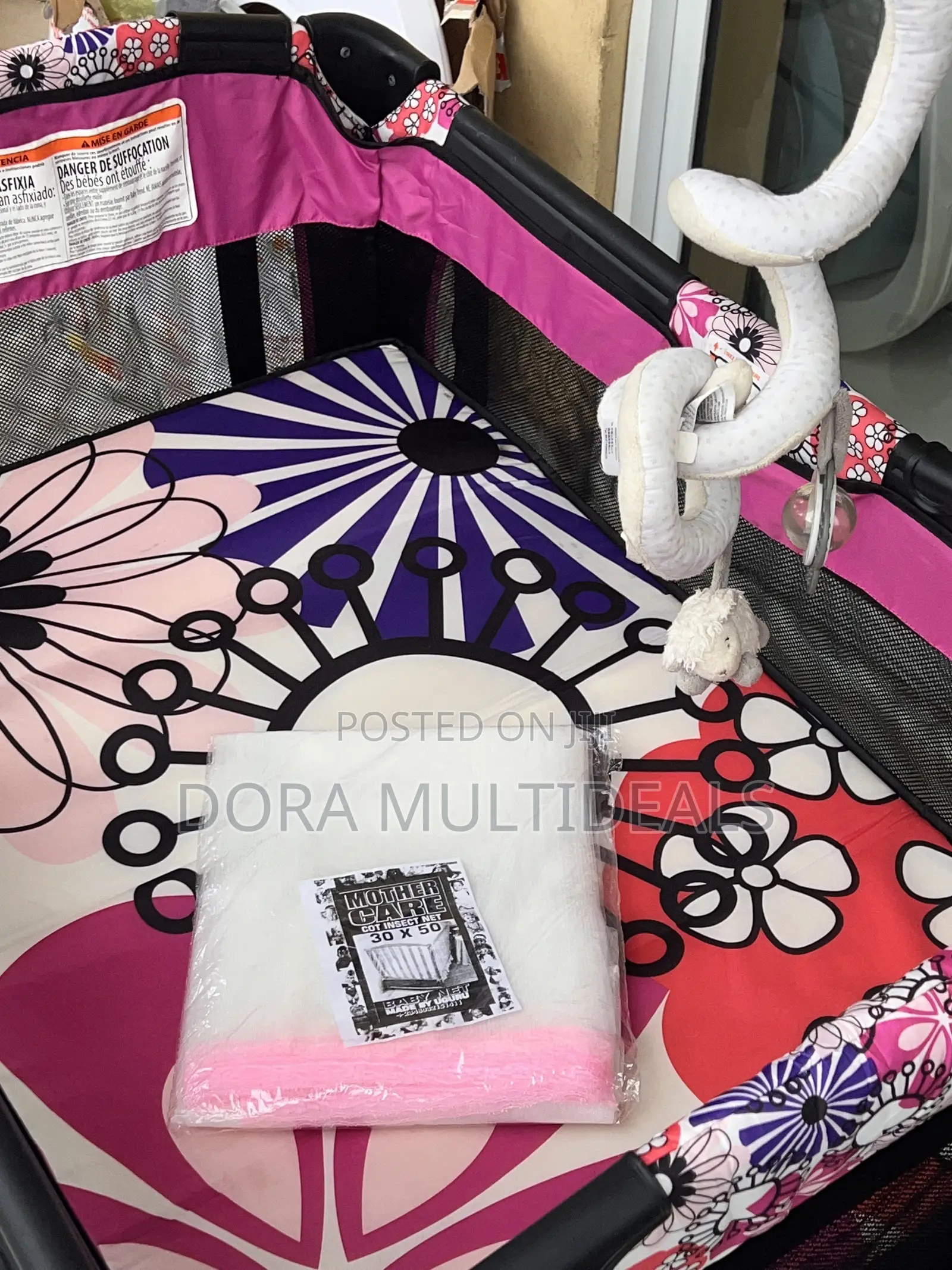 Solid Imported Baby Cot With Soothing Hanging Spiral Plush Toy and Net