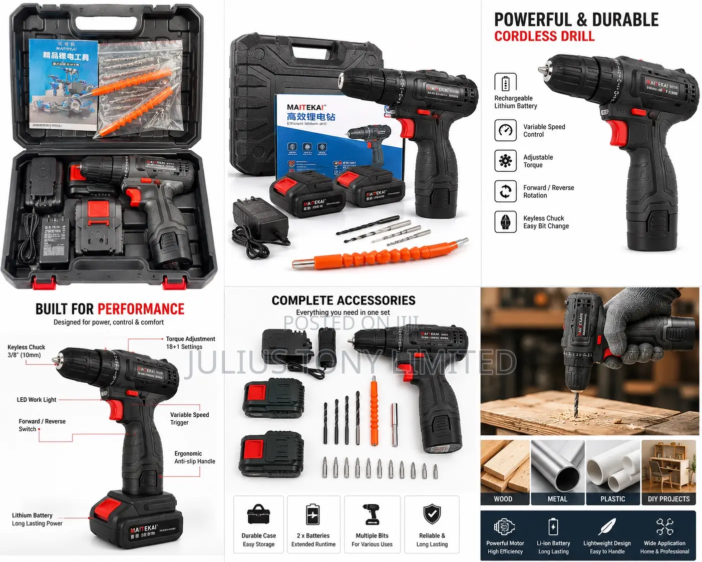 Cordless Rechargeable Drill Driver Set With 2 Batteries Accessories