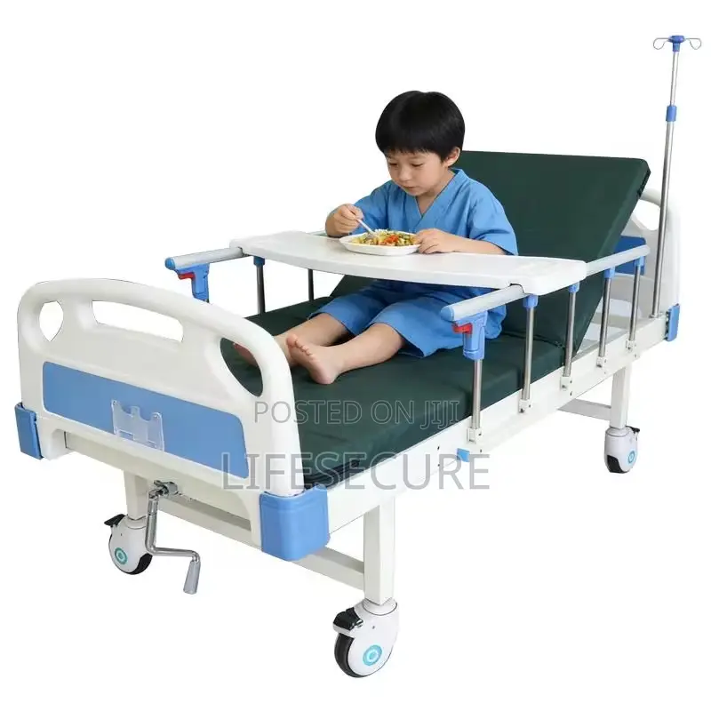 High Quality Hospital Bed With Strong Casters, IV Pole and Table Top