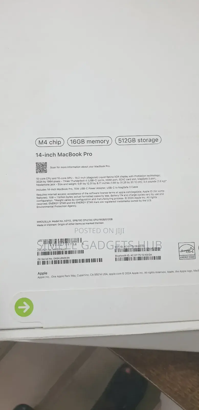 New Laptop Apple MacBook Pro 2024 M4 16GB Apple M4 SSD 512GB