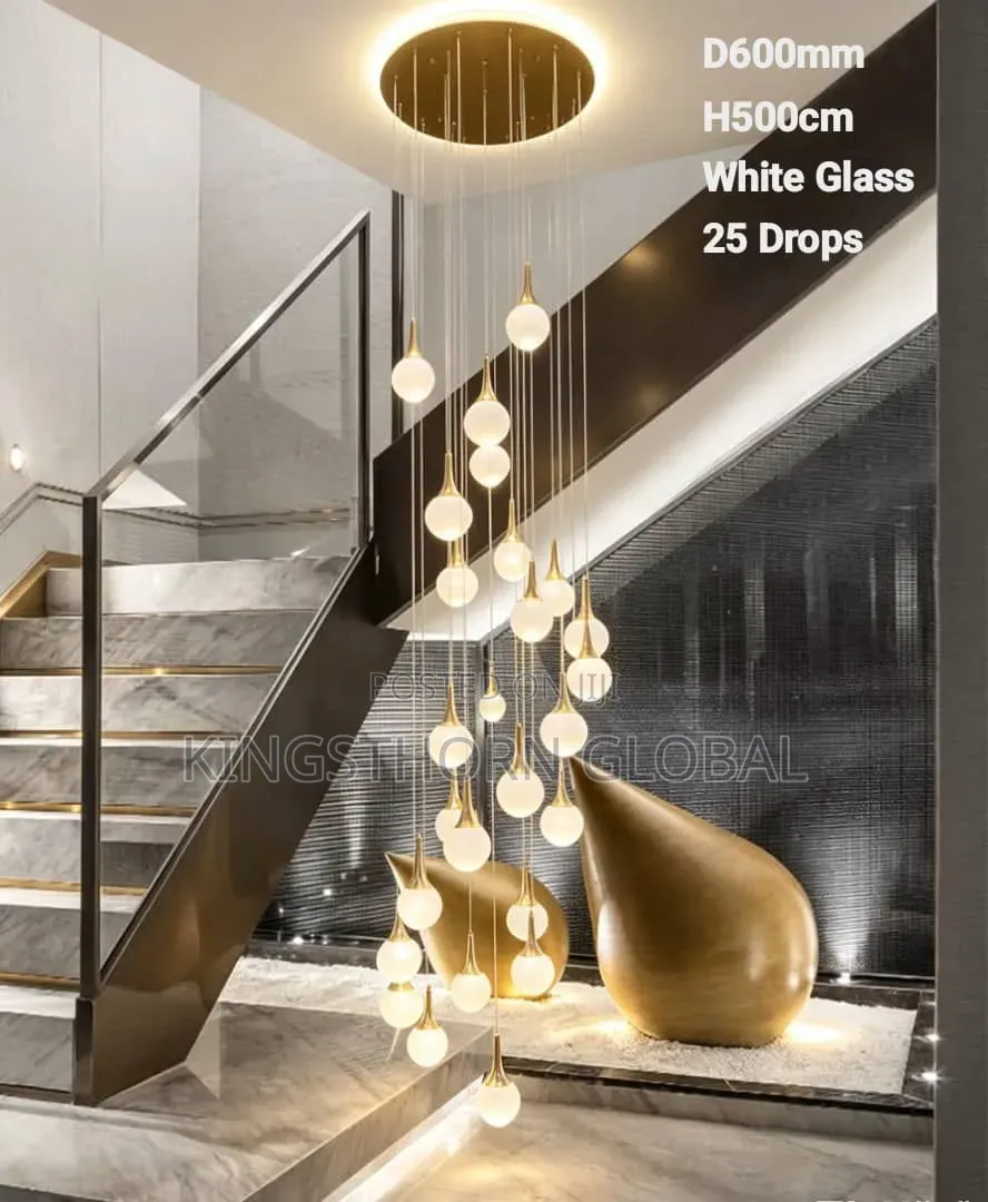 25-Drop Glass Staircase Chandelier 5m White Amber Snow