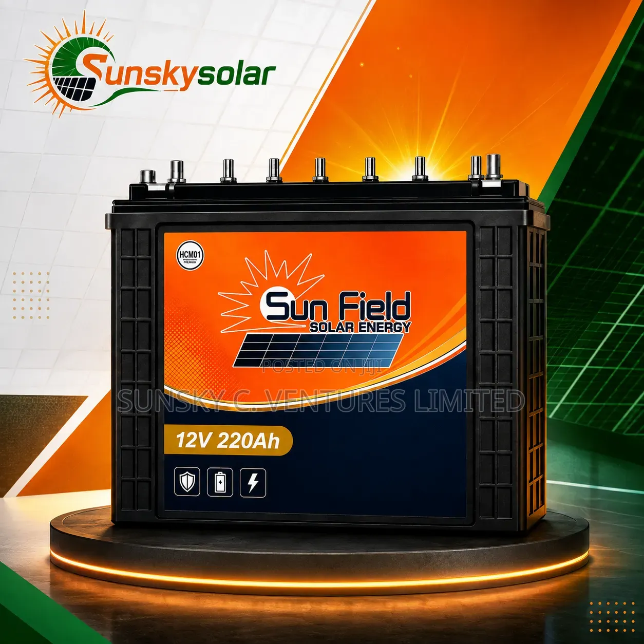220ahs 12v Tall Tubular Battery- SUN FIELD