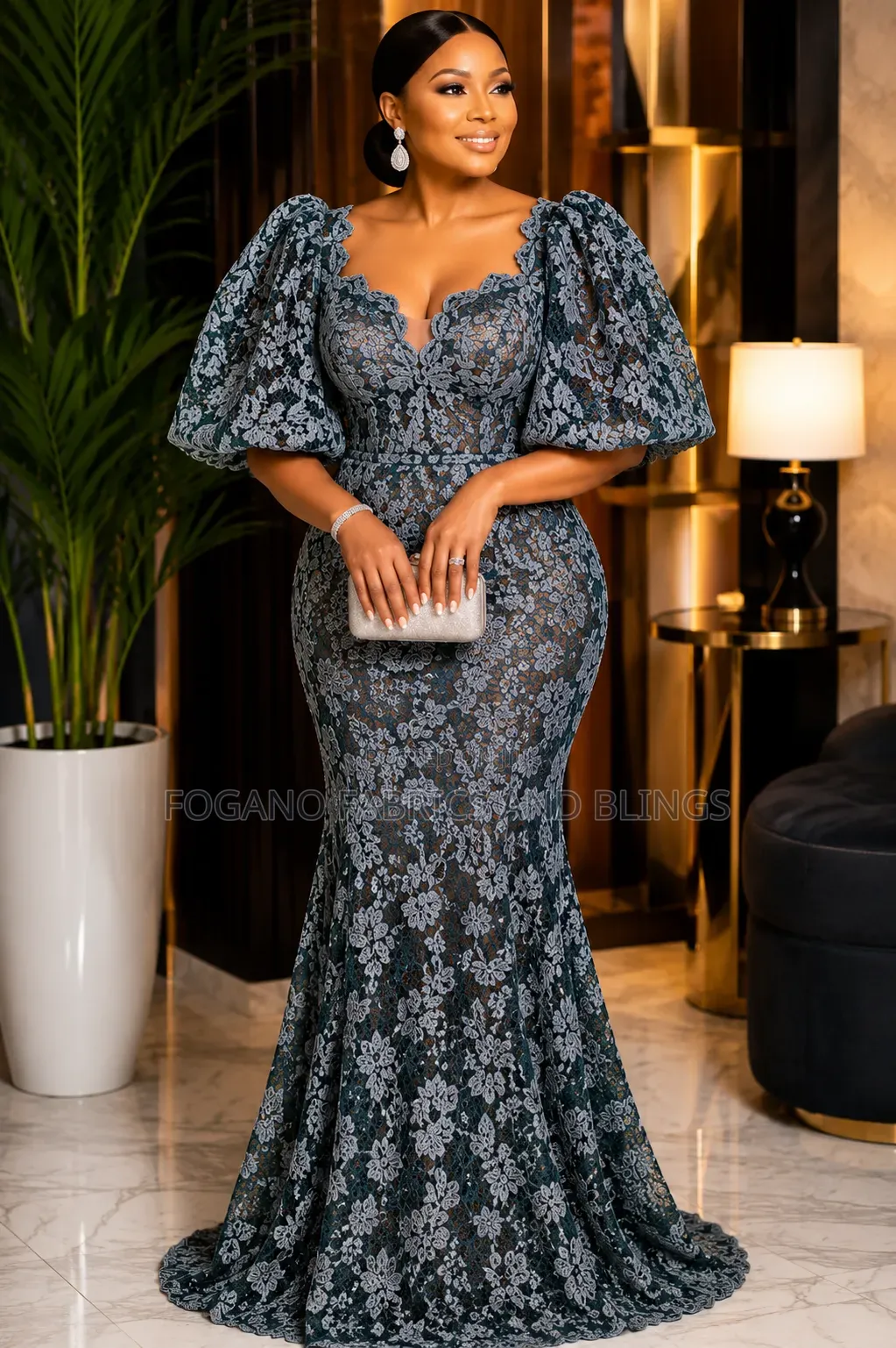 Green Lace With Floral Grey Design