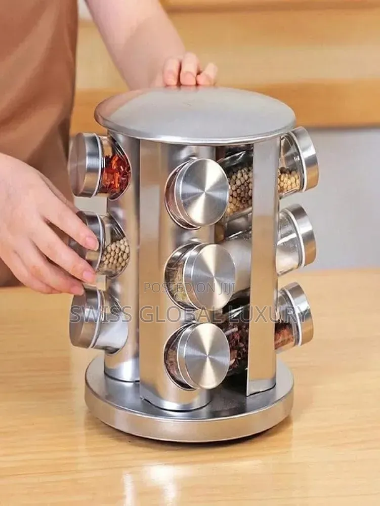 12 Jars Spice Rack Revolving Countertop Spice Tower | Golden Stainless