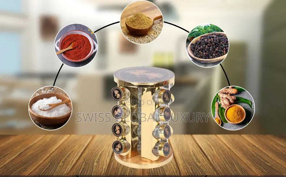 12 Jars Spice Rack Revolving Countertop Spice Tower | Golden Stainless