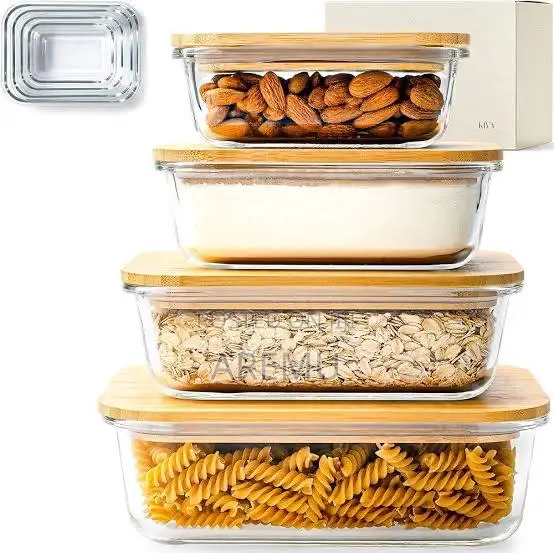 4pc Glass Food Storage Containers With Bamboo Lid Set Airtight