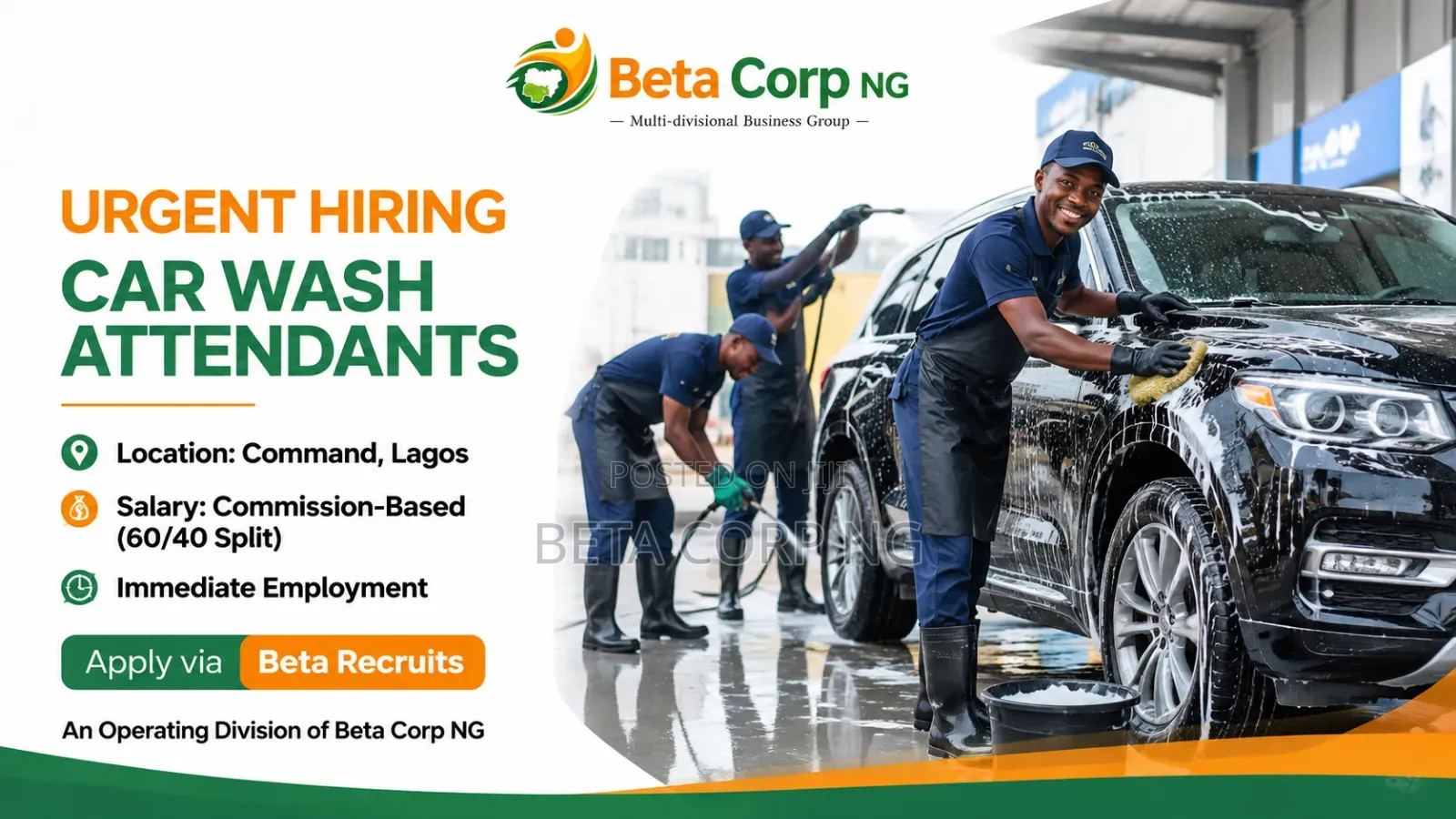 HIRING – Car Wash Attendants | Command, Lagos | Commission-Based 60/40