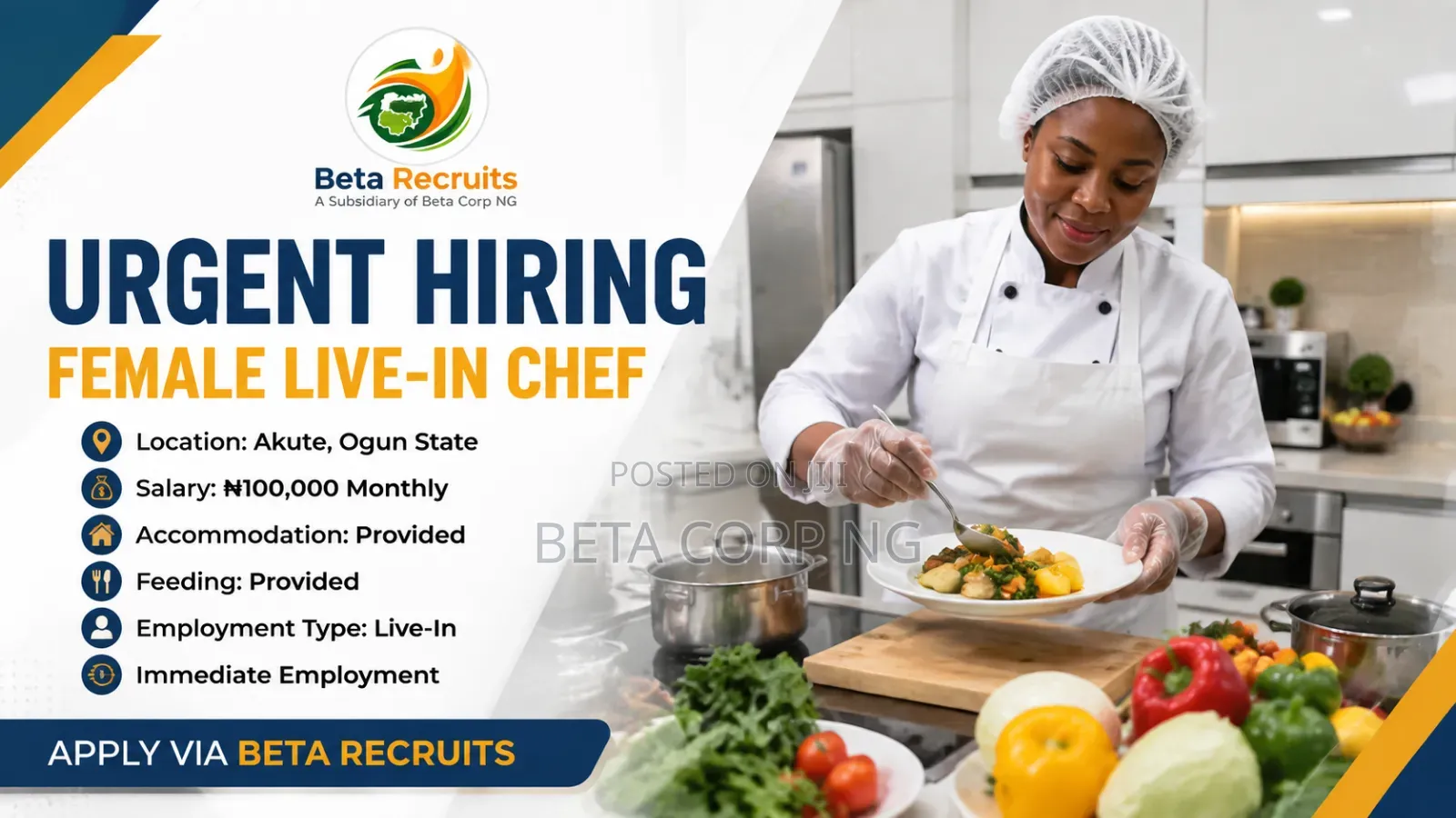 URGENT HIRING – Female Live-in Chef | Akute, Ogun State | ₦100,000