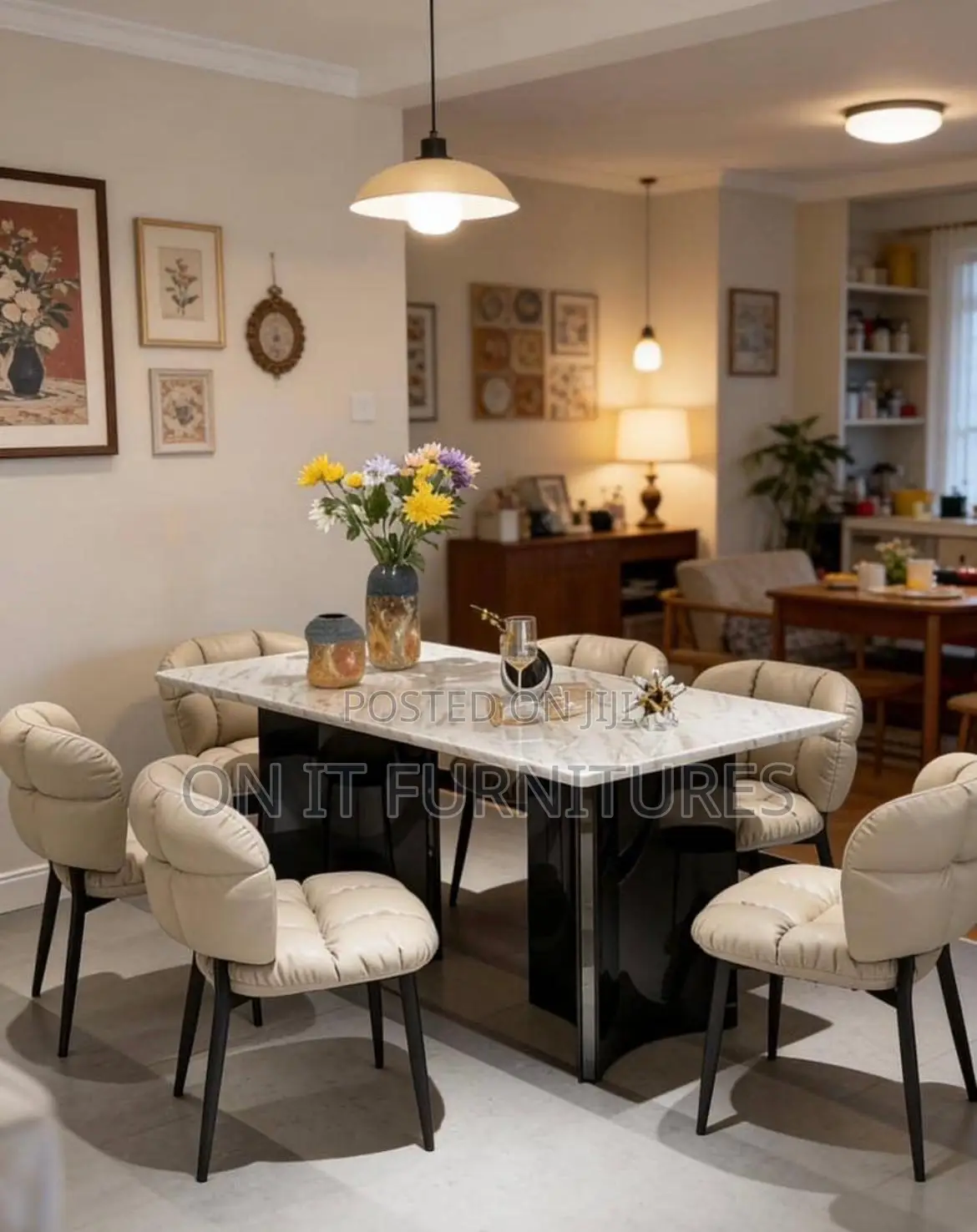 Luxury 6-Seater Marble Dining Table Set With Upholstered Chairs