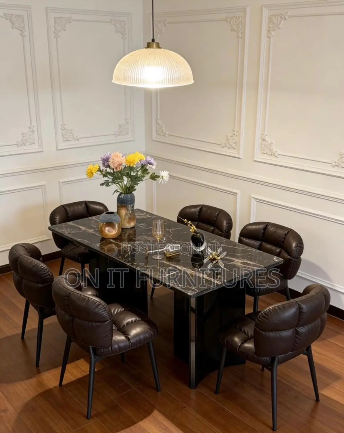 Luxury 6-Seater Marble Dining Table Set With Upholstered Chairs