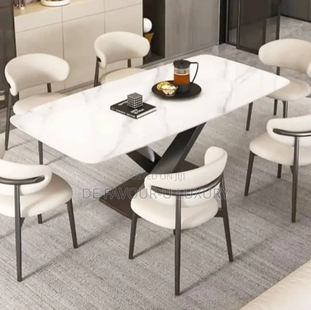 Dining Table by 6 Chairs Ceramic Marble Top