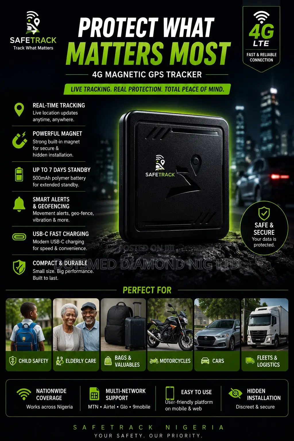 SafeTrack 4G LTE GPS Tracker – Portable Car, Bike Personal Tracker