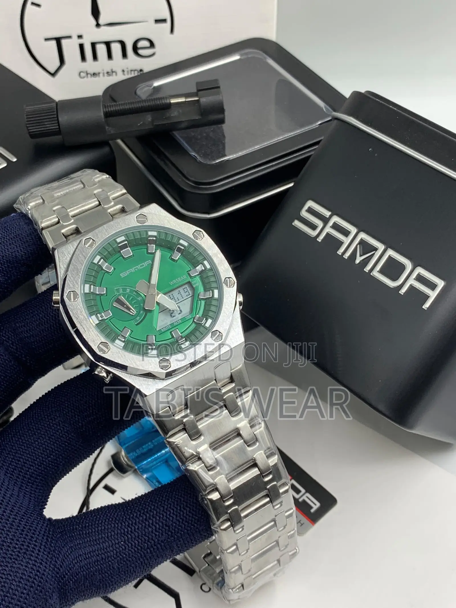 Sanda Stainless Steel Digital and Analog Display Wristwatch