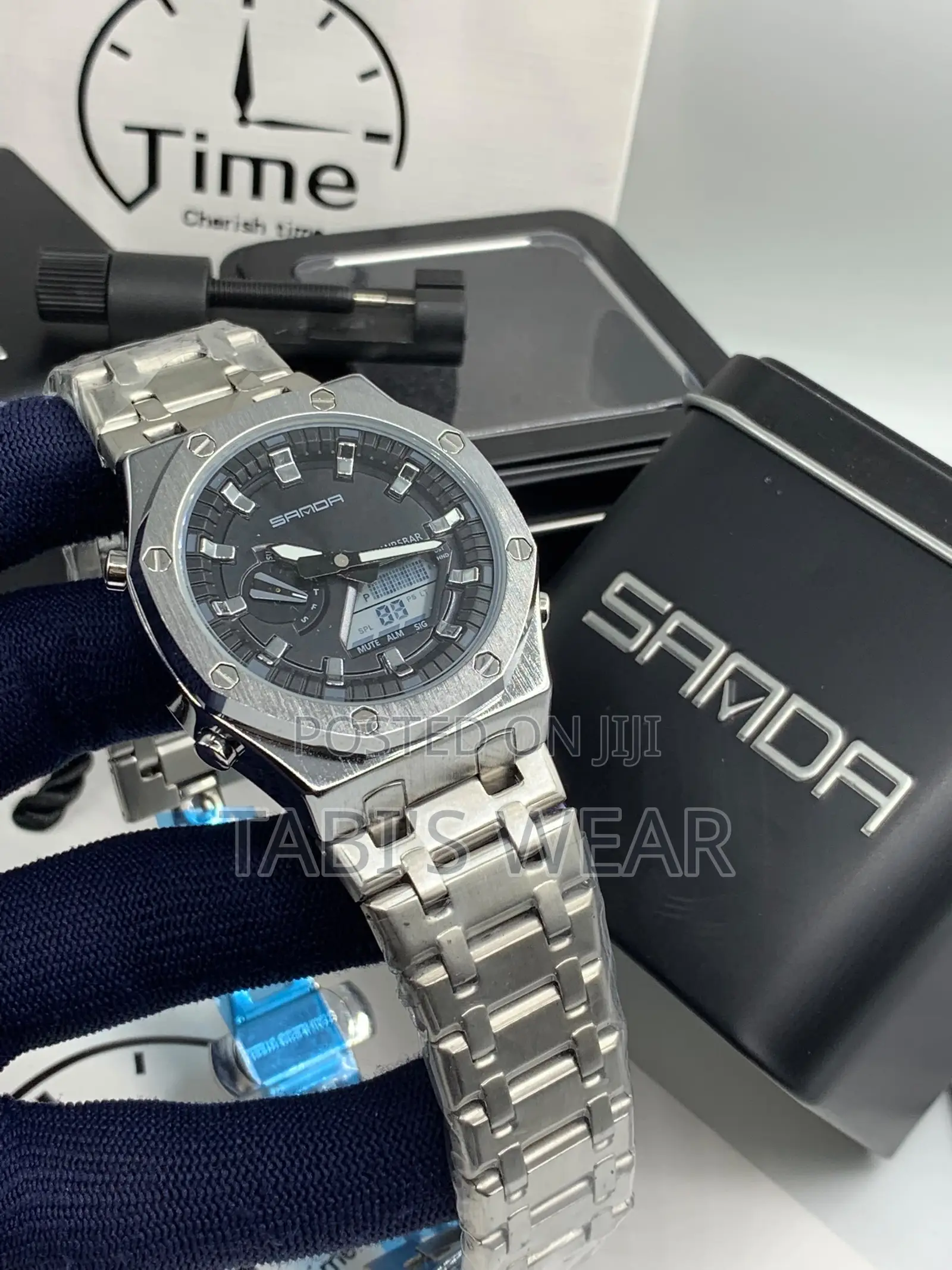 Sanda Stainless Steel Digital and Analog Display Wristwatch