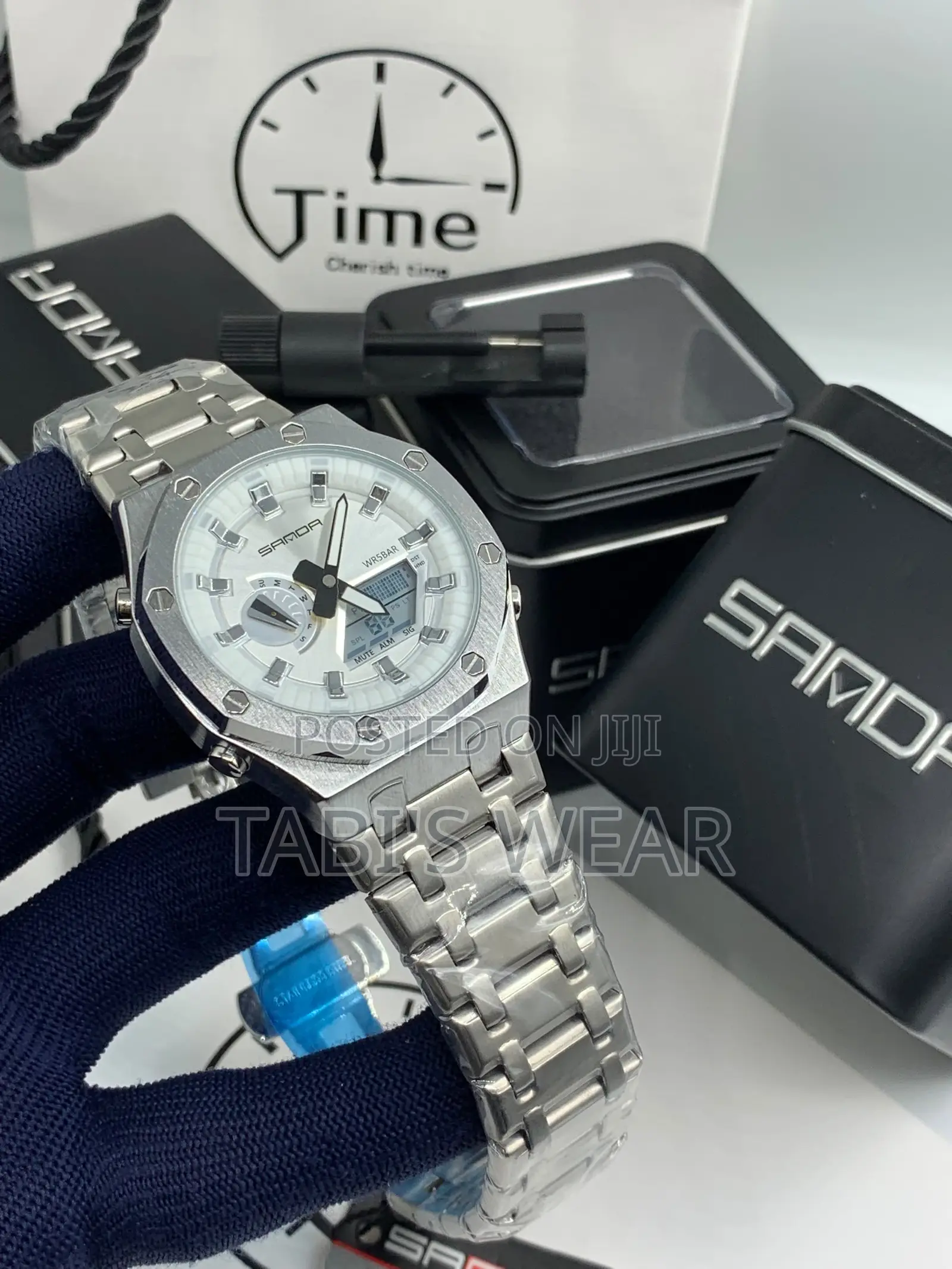 Sanda Stainless Steel Digital and Analog Display Wristwatch