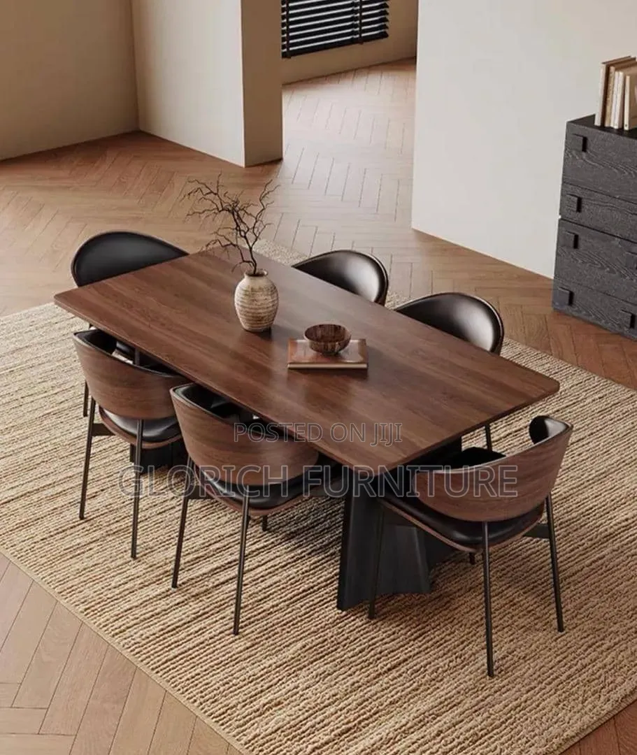 Modern Walnut Dining Table Set–Sculptural Base, 6 Wood Leather Chairs