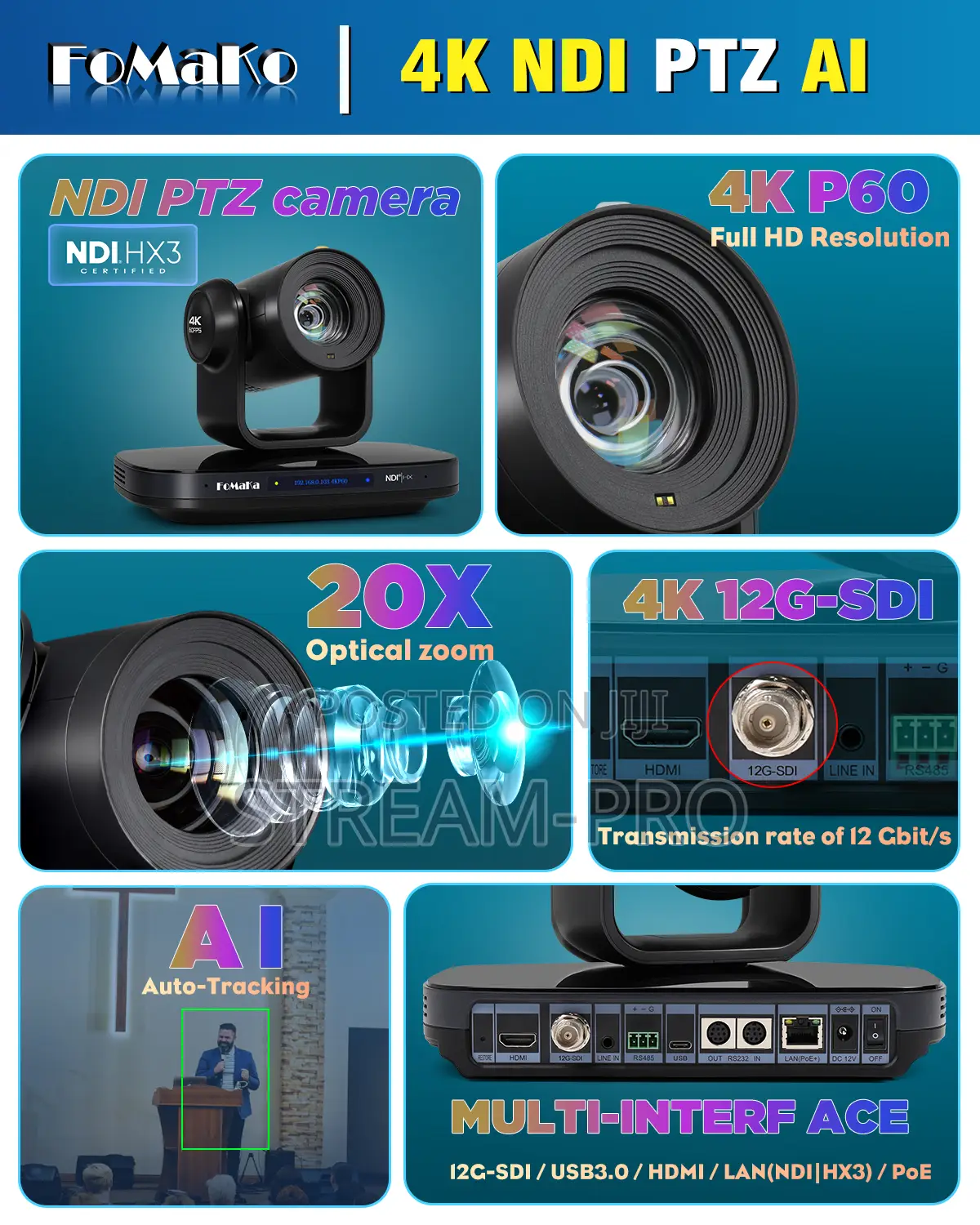 FoMaKo K820S NDI/12G-SDI PTZ Camera With 20x Optical Zoom