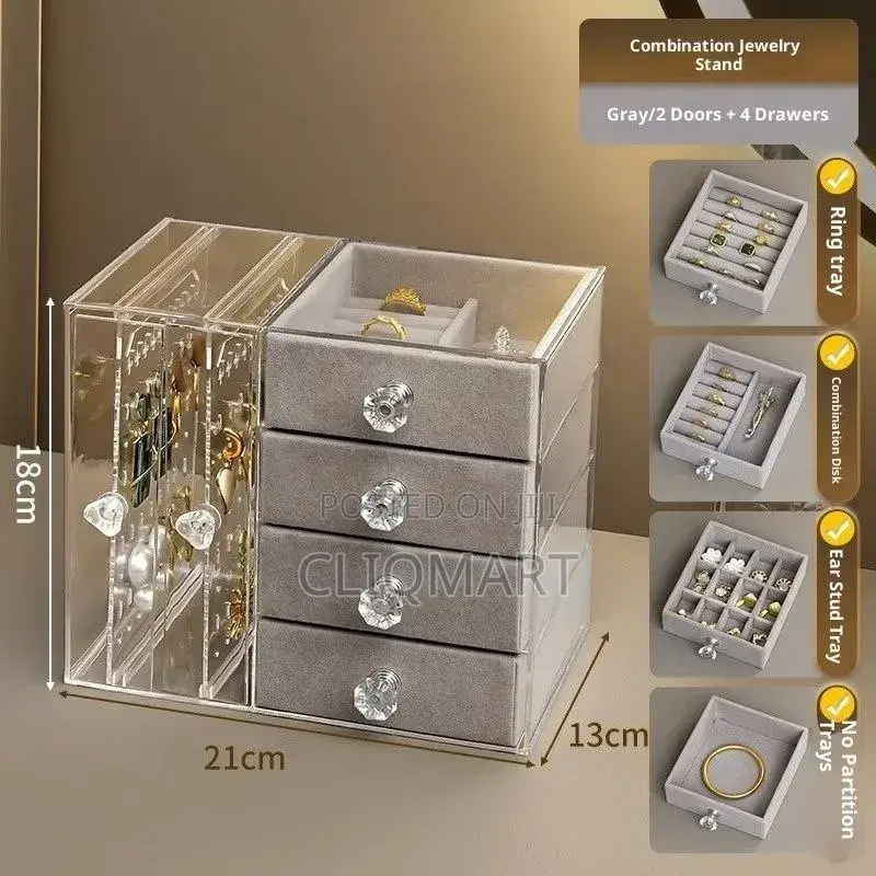 Clear Acrylic Jewelry Box - 4 Drawer 2 Door Jewellery Storage