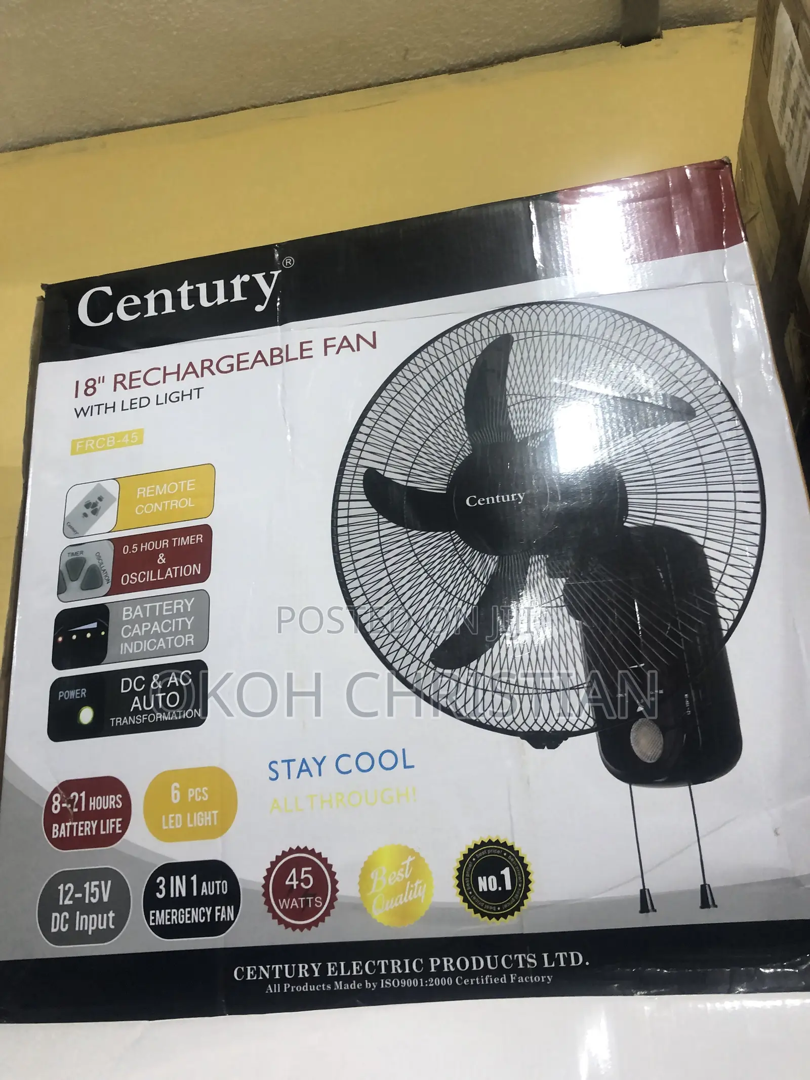 Century Rechargeable Wall Fan 18”