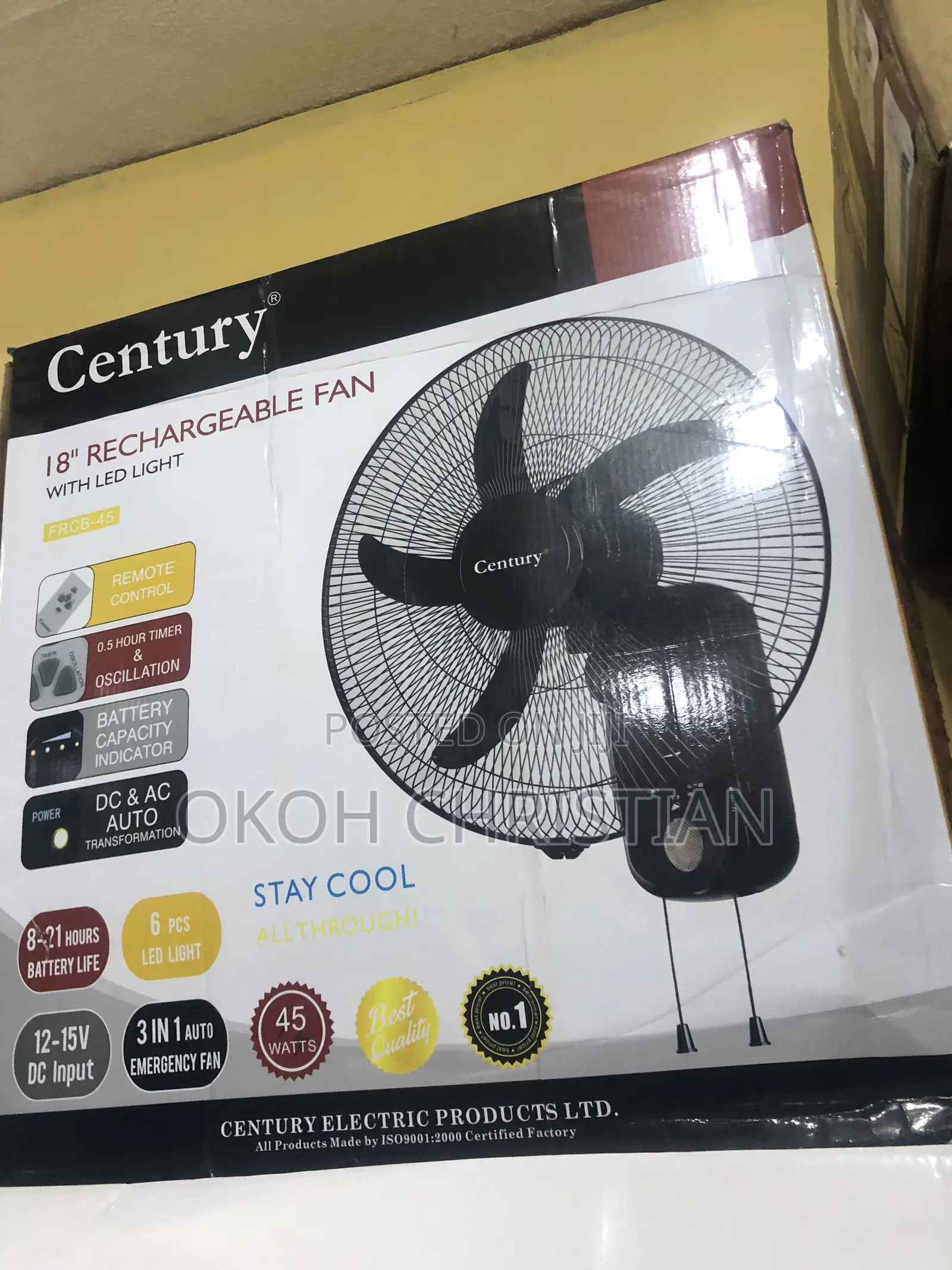 Century Rechargeable Wall Fan 18”