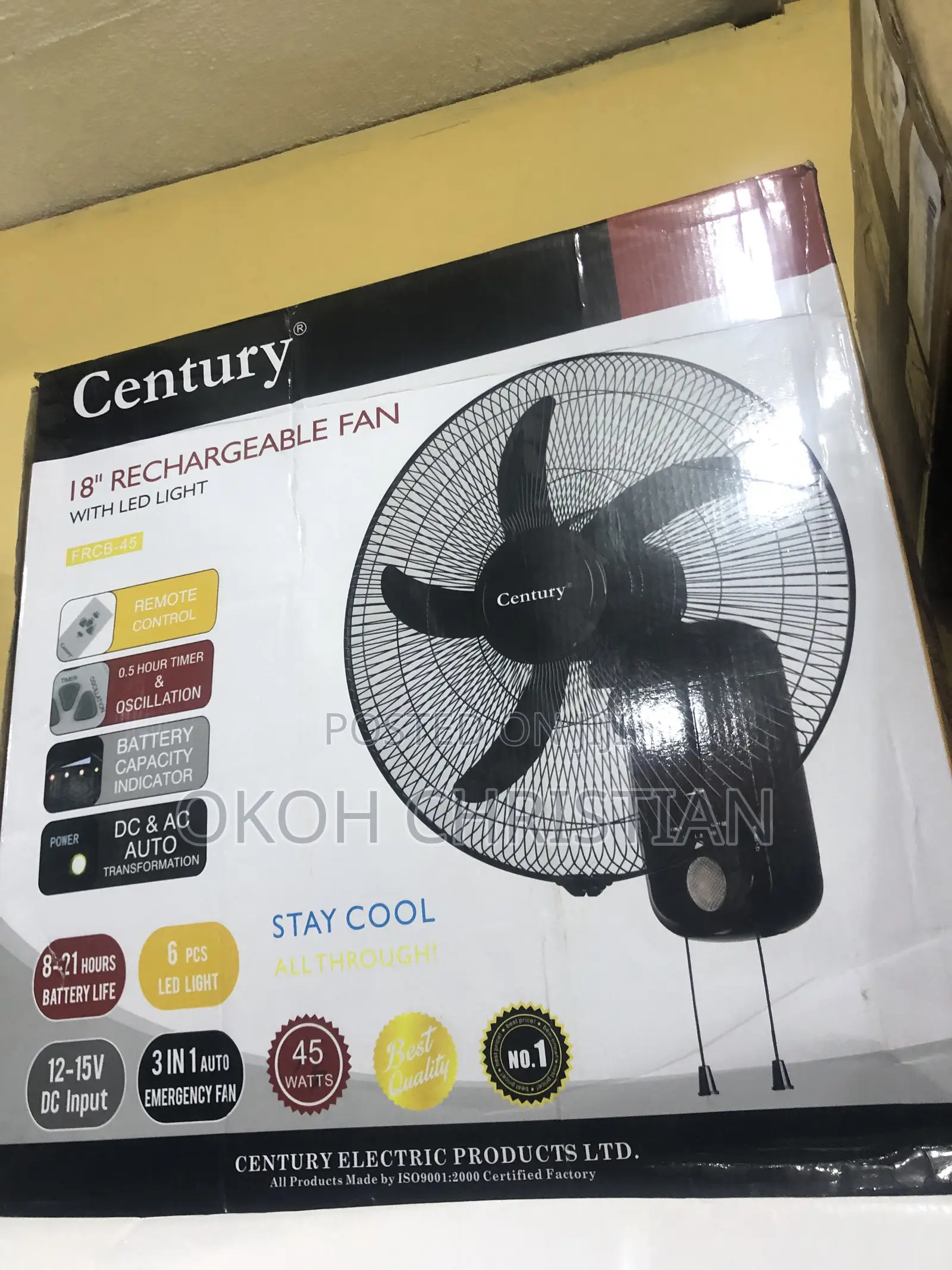 Century Rechargeable Wall Fan 18”