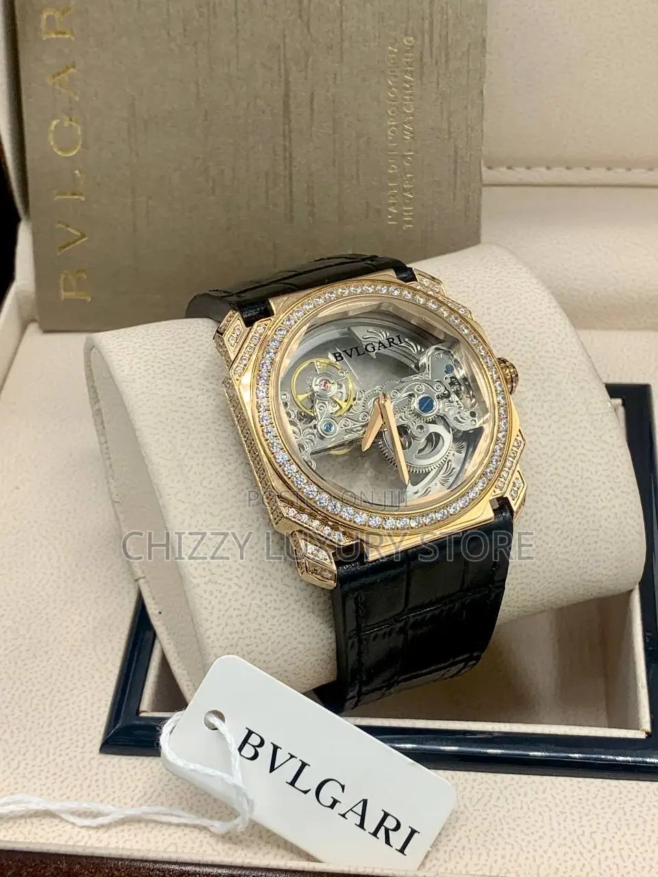 Bvlgari Quality Luxury Men Genuine Leather Automatic Engine Wristwatch