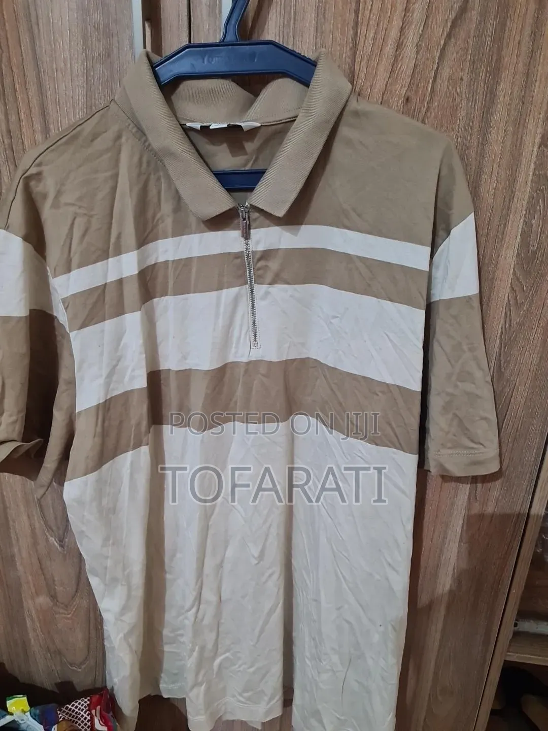Autograph Men's Beige White Quarter-Zip Striped Polo Shirt