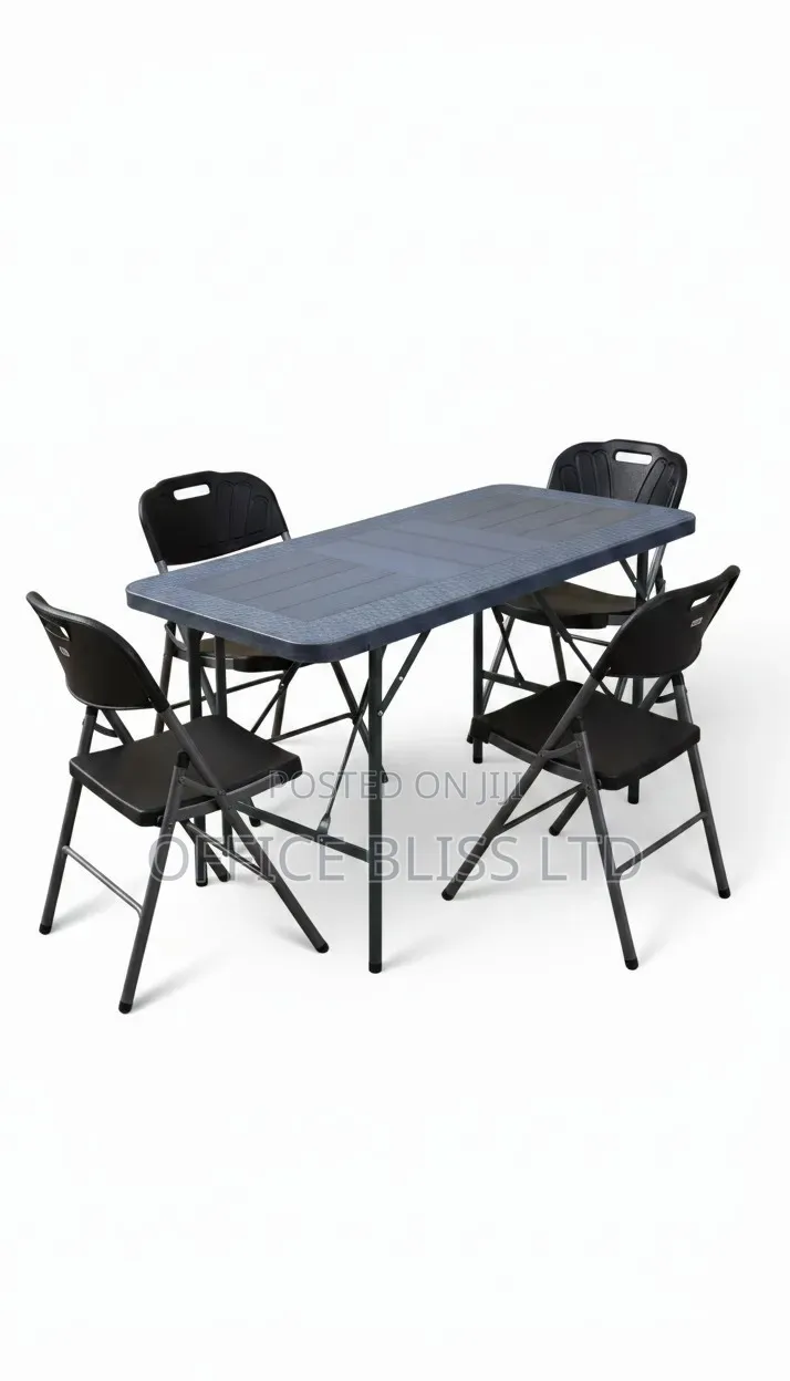 Outdoor Basket Wave 4ft Plastic Table 4 Foldable Chairs - BLACK