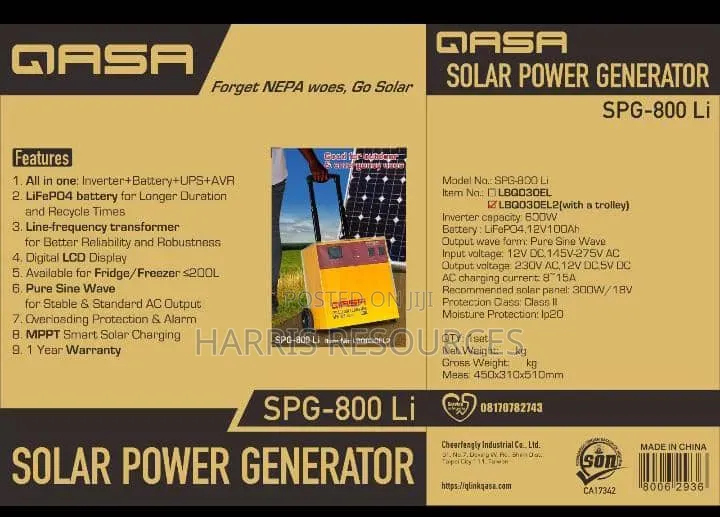 QASA Solar Power Generator SPG-800 Lithium Power System