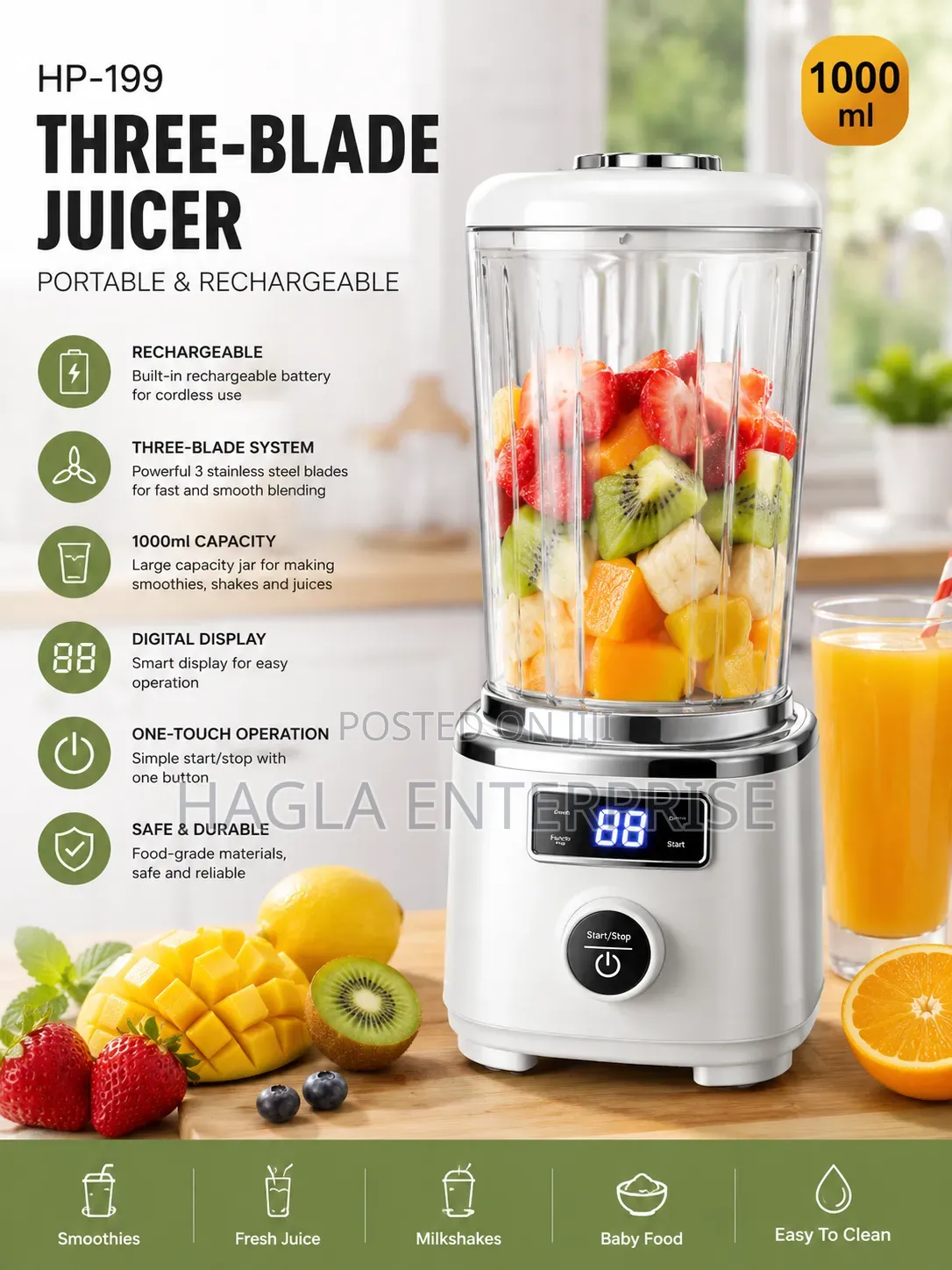 Portable Rechargeable 3-Blade Juicer Blender