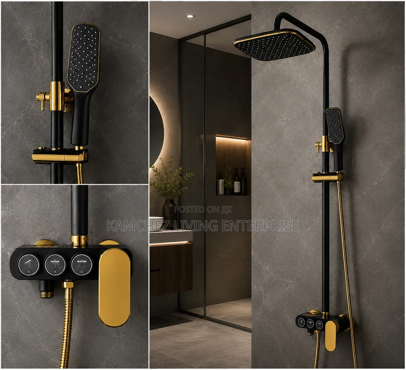 3 Button Luxury Black and Gold Rainfall Shower Mixer Set