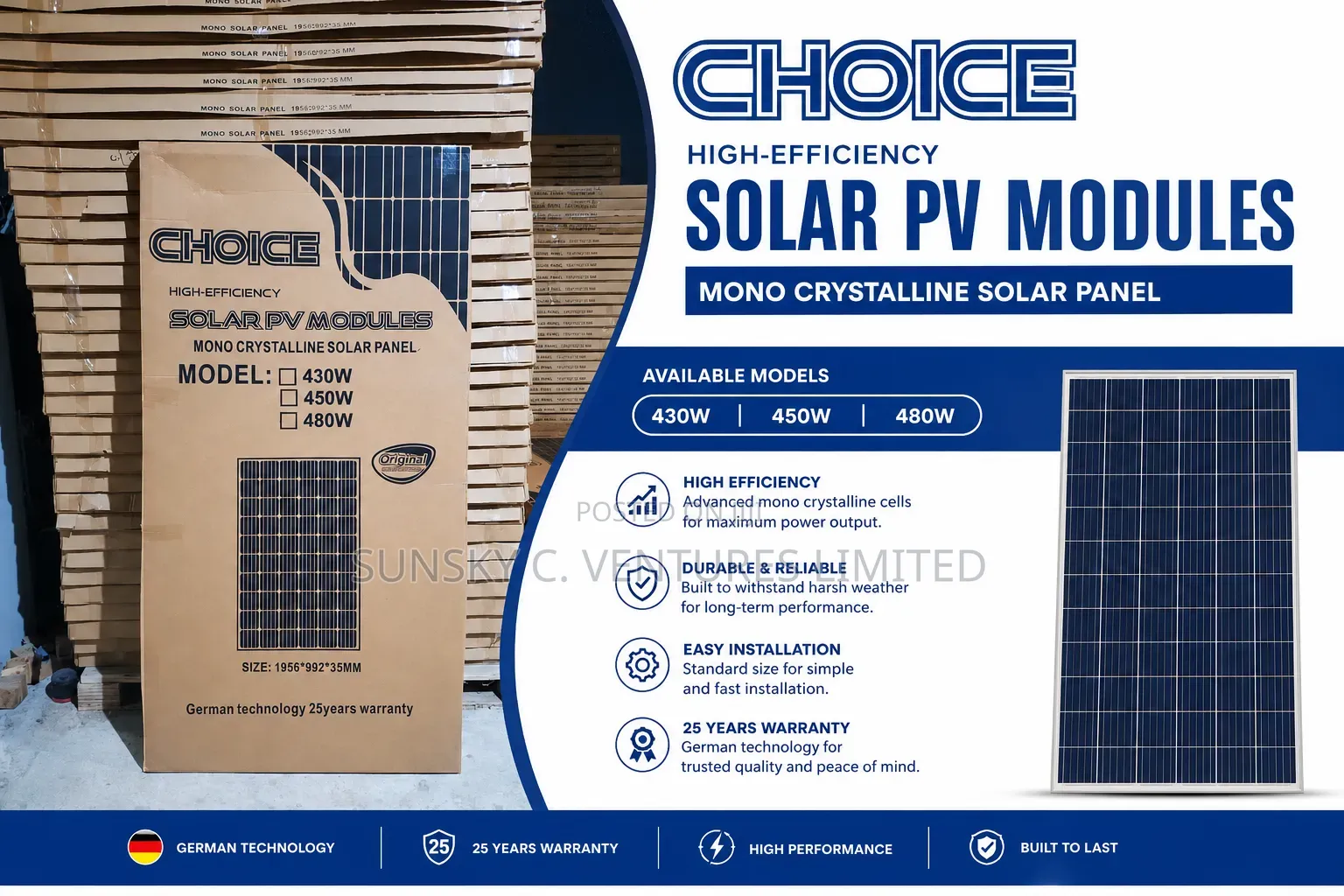 Choice 450watts Mono Crystalline Panel.