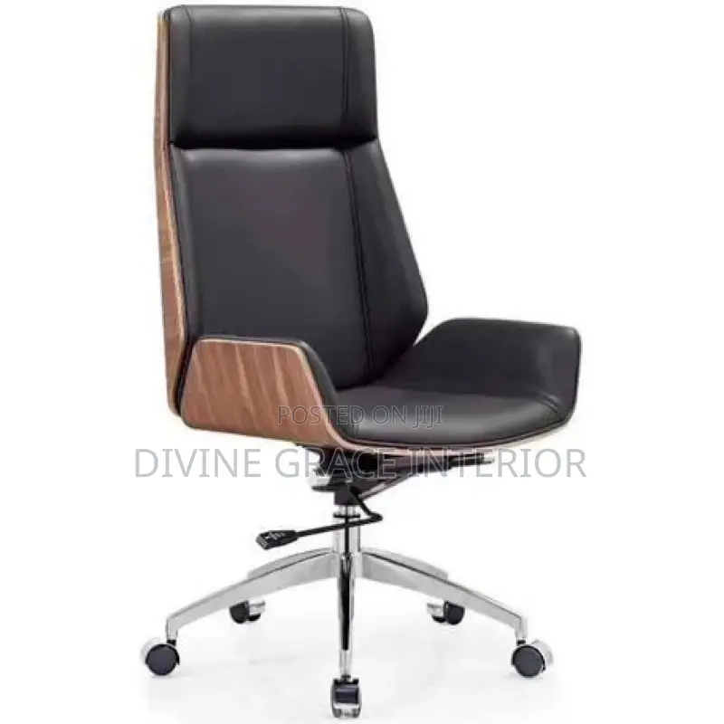 Luxury Ergonomic Walnut and Black Leather Office Chair