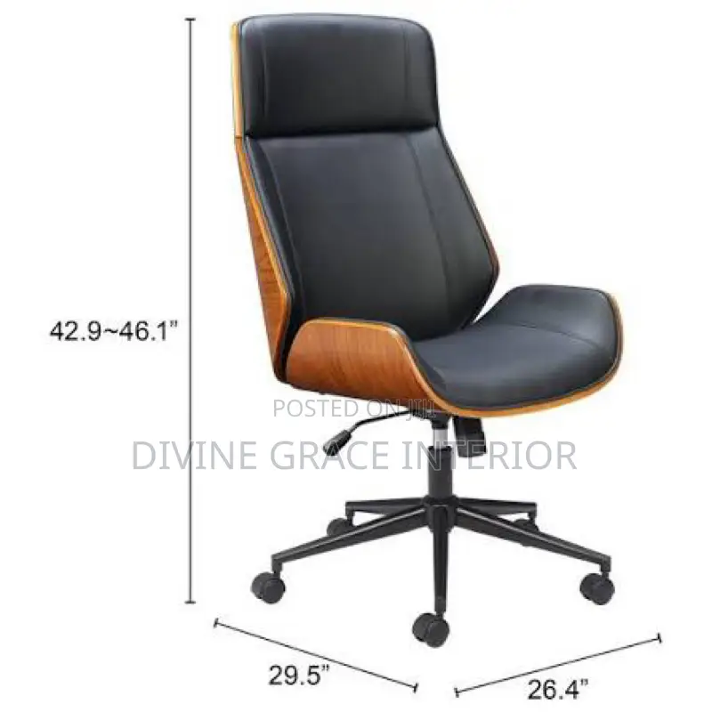 Leather Padded Swivel Office Chair With Wooden Accent