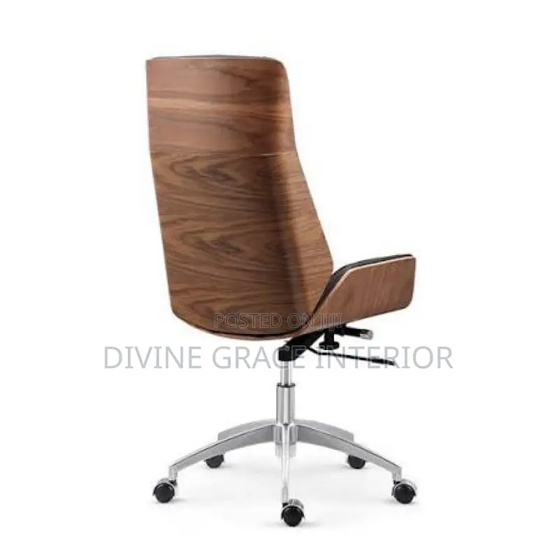 Leather Padded Swivel Office Chair With Wooden Accent