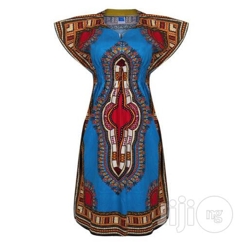 African Print Traditional Midi Dress - Light Blue