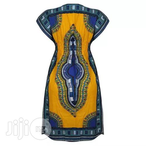African Print Traditional Midi Dress - Yellow Blue