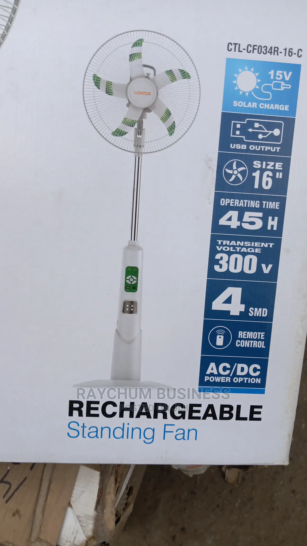 Lontor 16inches Rechargeable Fan With Solar Surported