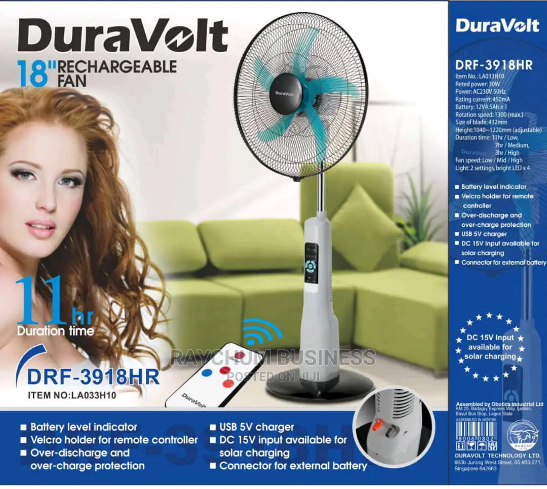 Duravolt Rechargeable Fan Charger Addintion Space18inches