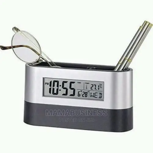 Oval Desk and Pen Stand With Digital Clock