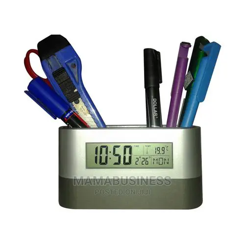 Oval Desk and Pen Stand With Digital Clock